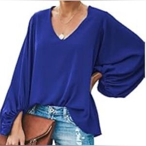 🔵Womens XL V Neck Chiffon Blouses Casual Balloon Sleeve Flowy Lined Shirts Tops